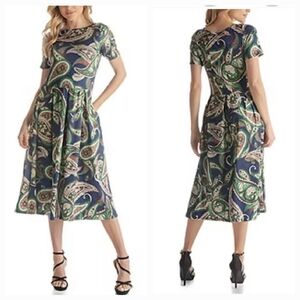 24seven Comfort Apparel Women's Short Sleeve Paisley Midi Dress ~ Navy